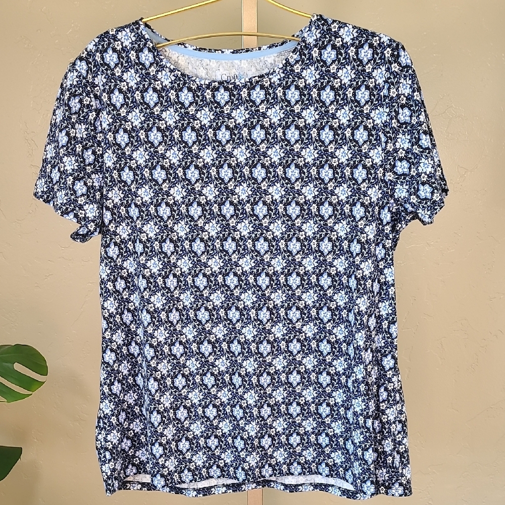 Croft & Barrow Black Blue and White Floral Short Sleeve Tee XL 100% Cotton